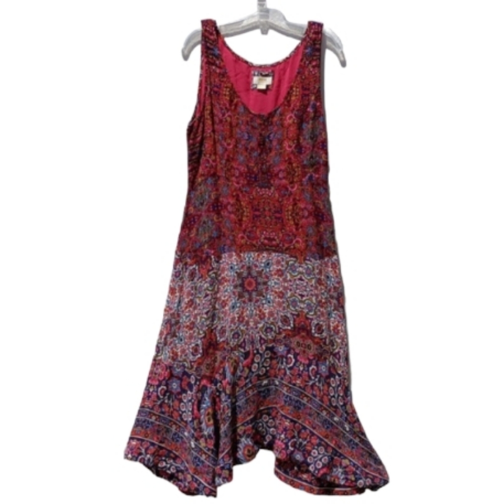 Maeve Pink Red Multi-Pattern Midi Dress